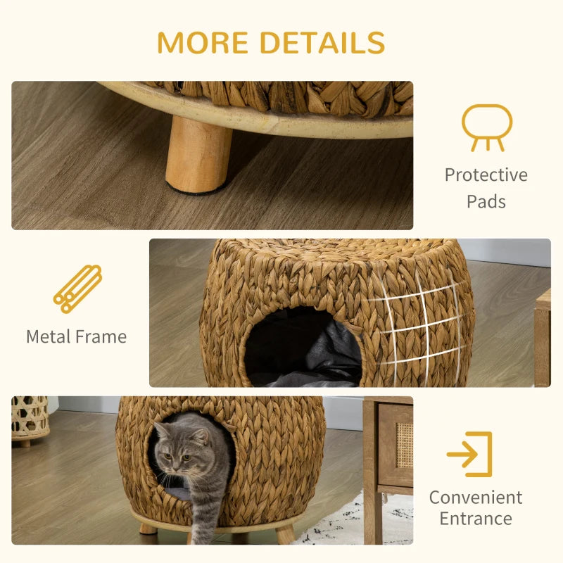 PawHut Wicker Cat Bed with Washable Cushion, Light Brown