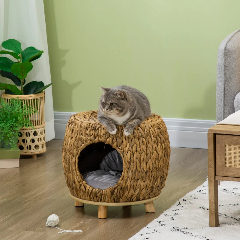 PawHut Wicker Cat Bed with Washable Cushion, Light Brown