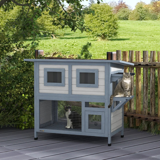 PawHut 2 Tier Outdoor Cat House, Light Grey