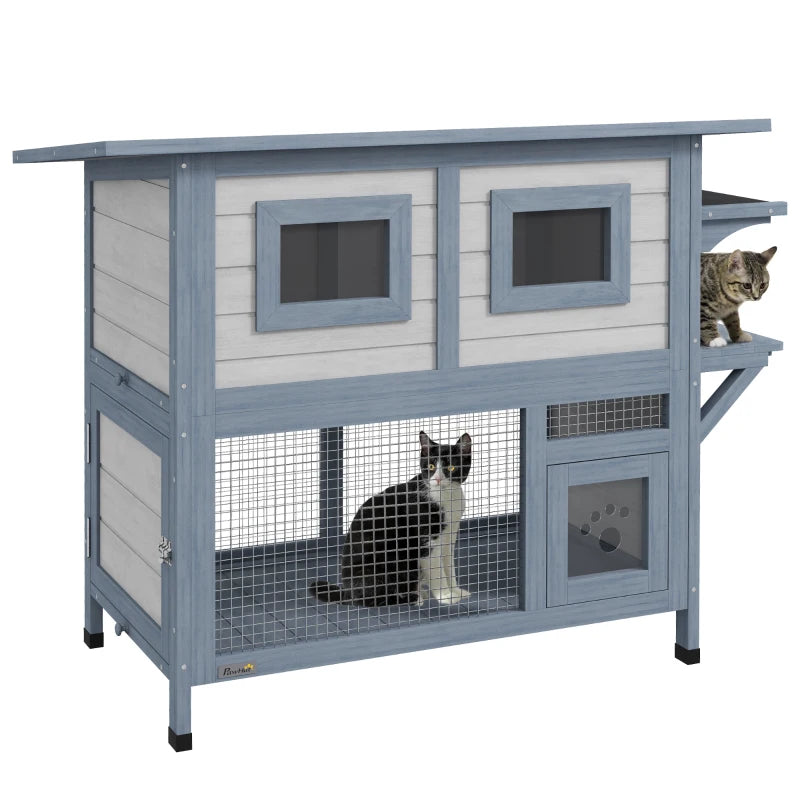 PawHut 2 Tier Outdoor Cat House, Light Grey