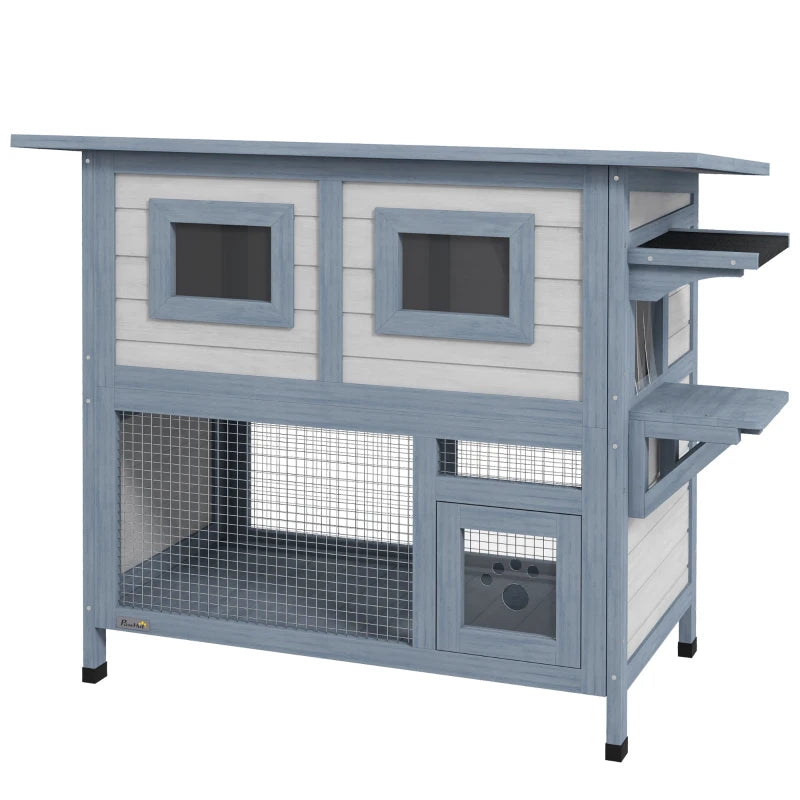 PawHut 2 Tier Outdoor Cat House, Light Grey