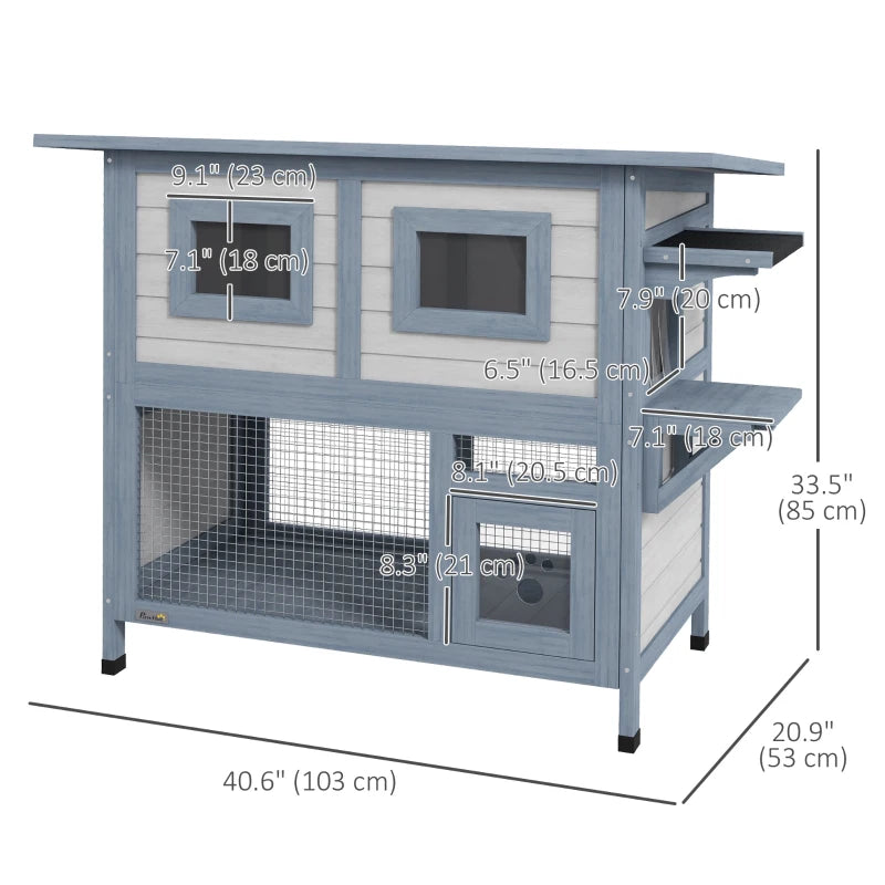 PawHut 2 Tier Outdoor Cat House, Light Grey