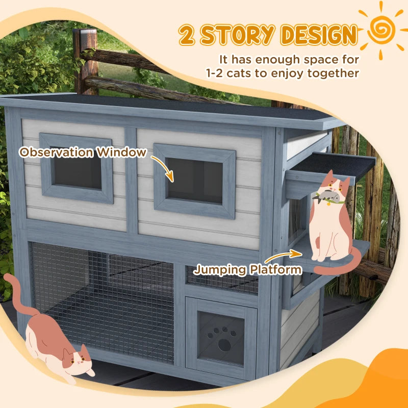 PawHut 2 Tier Outdoor Cat House, Light Grey