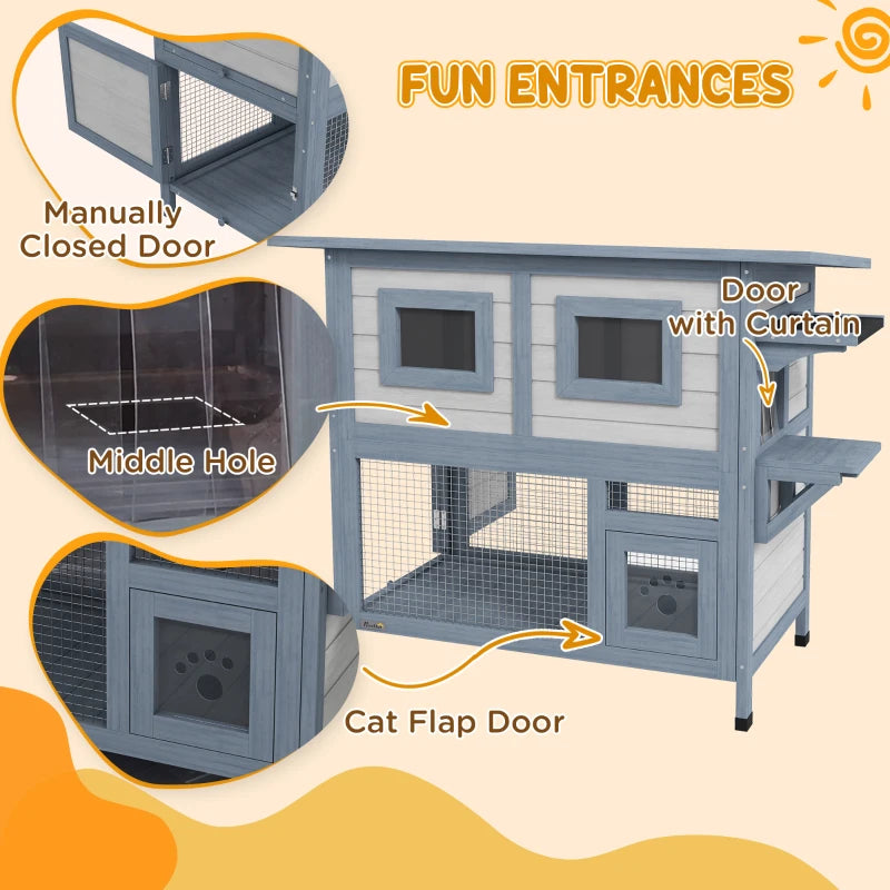 PawHut 2 Tier Outdoor Cat House, Light Grey