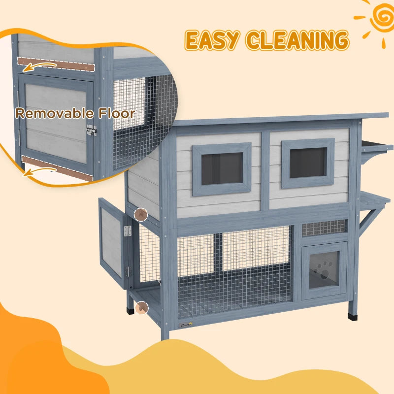 PawHut 2 Tier Outdoor Cat House, Light Grey