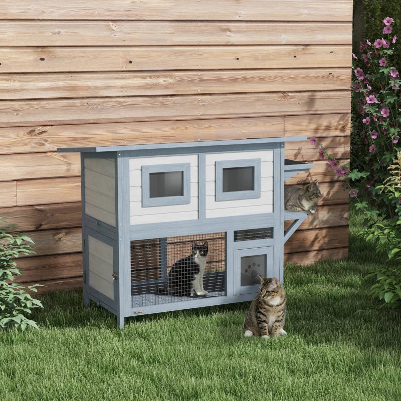 PawHut 2 Tier Outdoor Cat House, Light Grey