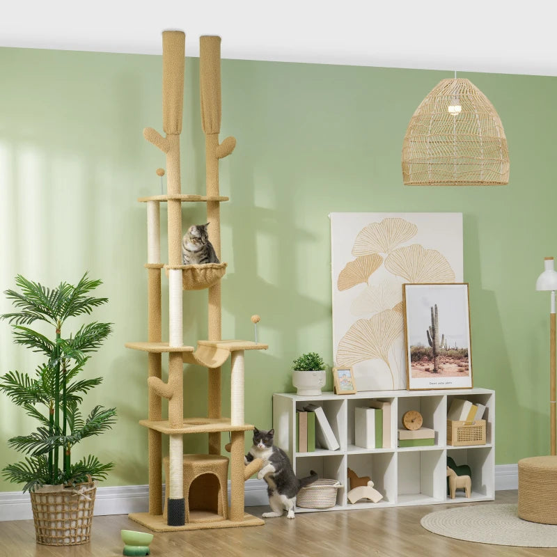 PawHut 89"-100" Floor to Ceiling Cat Tower, Brown