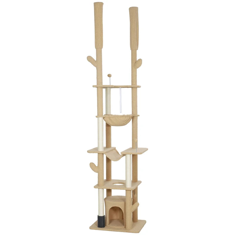 PawHut 89"-100" Floor to Ceiling Cat Tower, Brown