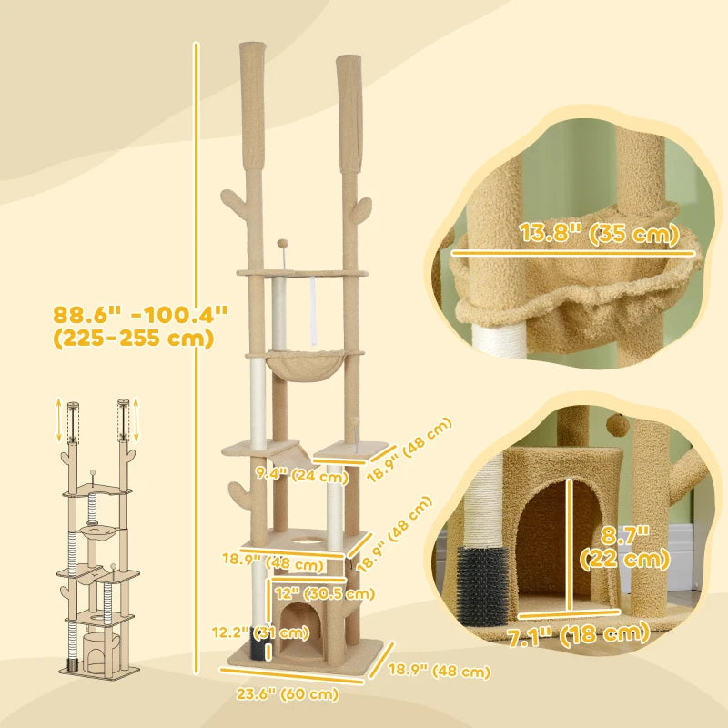 PawHut 89"-100" Floor to Ceiling Cat Tower, Brown