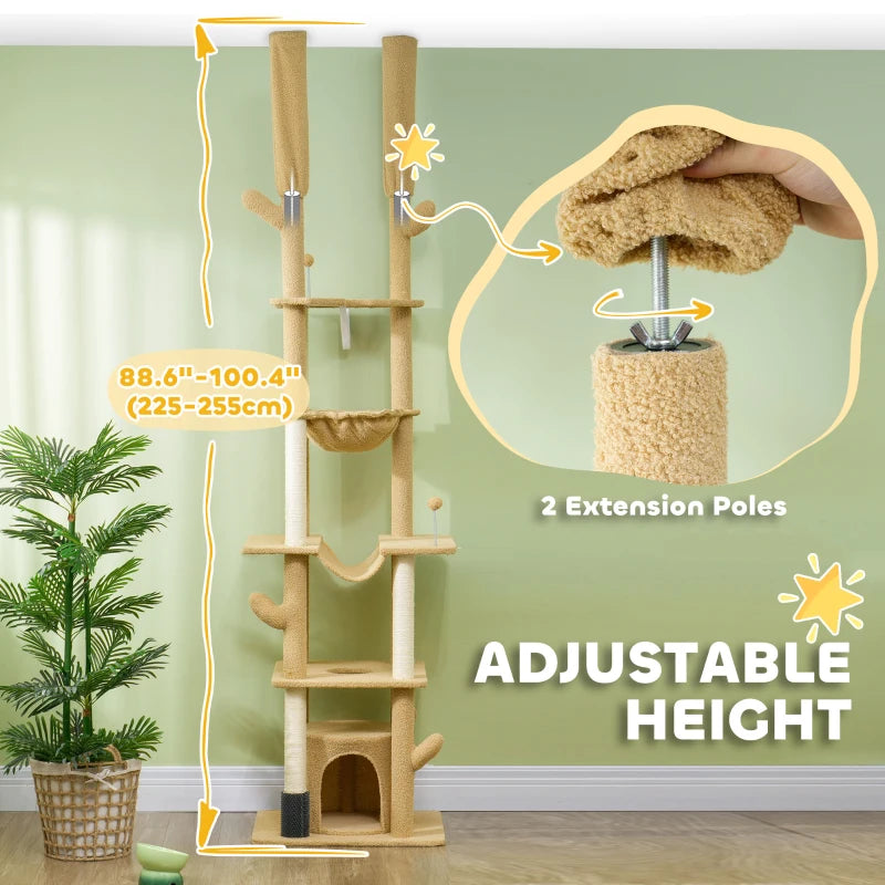 PawHut 89"-100" Floor to Ceiling Cat Tower, Brown