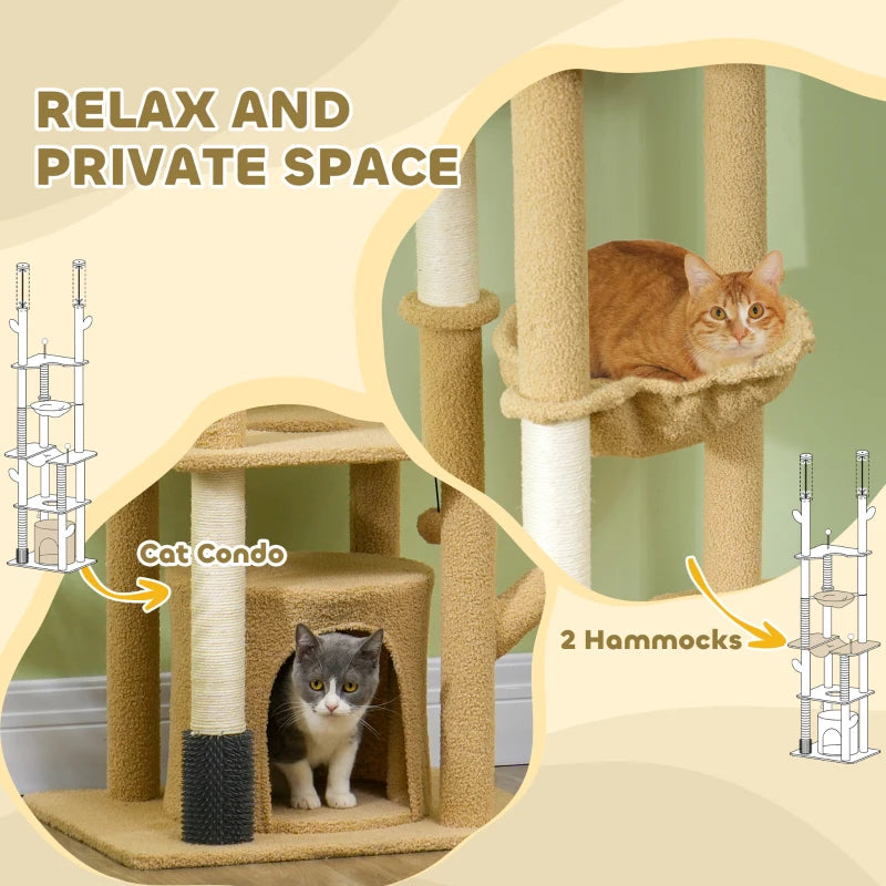 PawHut 89"-100" Floor to Ceiling Cat Tower, Brown