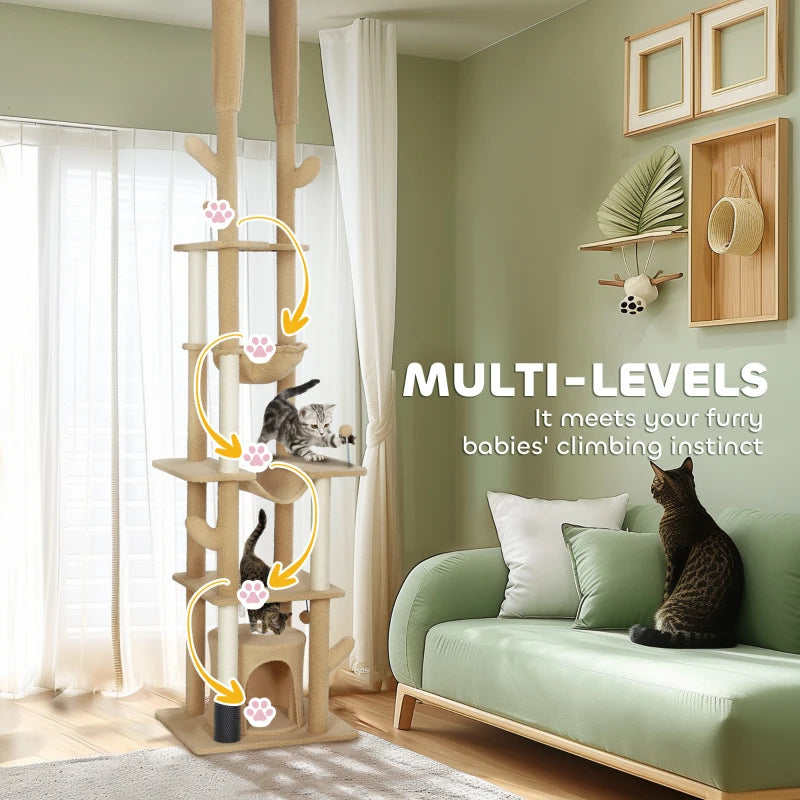PawHut 89"-100" Floor to Ceiling Cat Tower, Brown