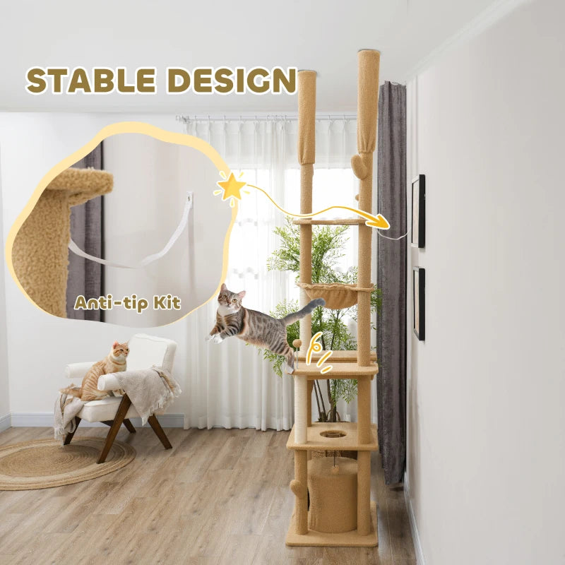 PawHut 89"-100" Floor to Ceiling Cat Tower, Brown