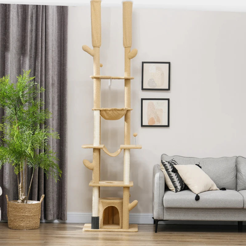 PawHut 89"-100" Floor to Ceiling Cat Tower, Brown