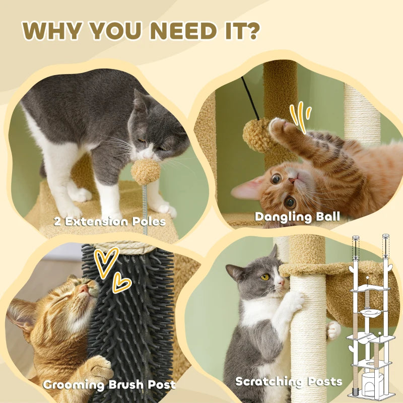 PawHut 89"-100" Floor to Ceiling Cat Tower, Brown