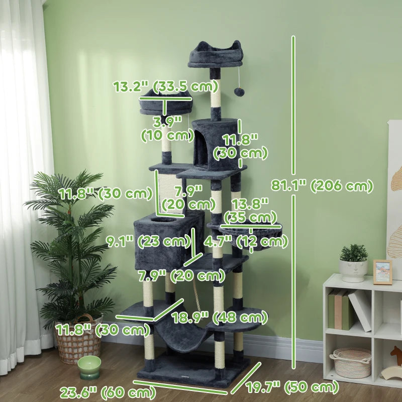 PawHut 81" Large Cat Tree w/ Scratching Posts, Dark Grey