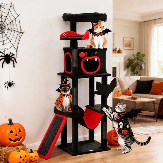 PawHut Gothic Cat Tree, 60" Tall Cat Tower with Coffin Bed, Black