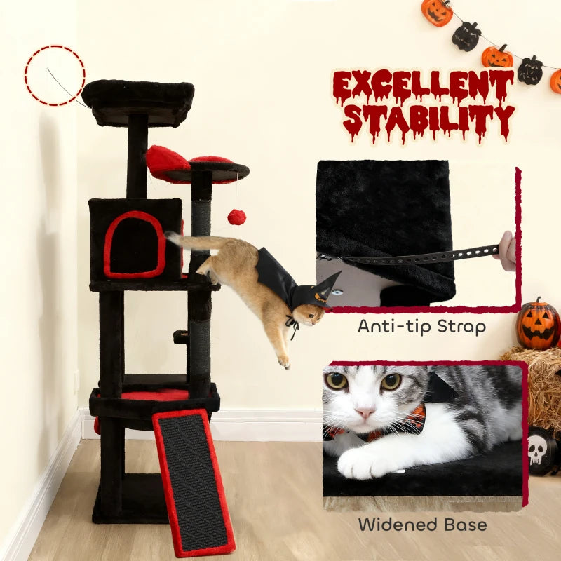 PawHut Gothic Cat Tree, 60" Tall Cat Tower with Coffin Bed, Black
