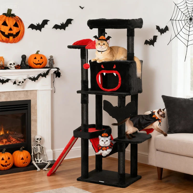 PawHut Gothic Cat Tree, 60" Tall Cat Tower with Coffin Bed, Black