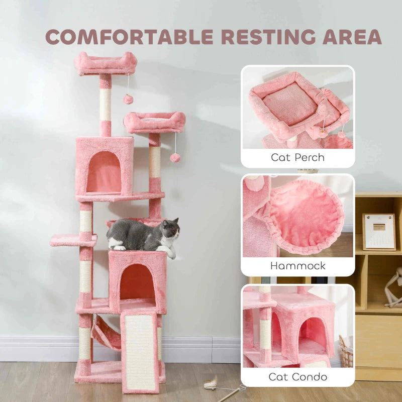 PawHut Cat Tree, 70" Multi-Level Cat Tower, Pink