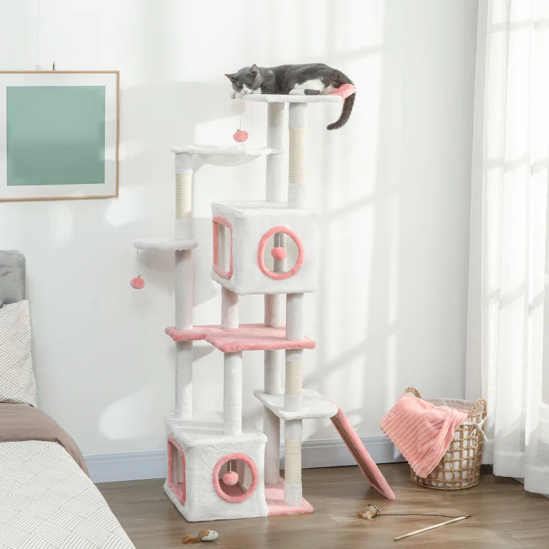 PawHut 65 Inch Cat Tree, White & Pink