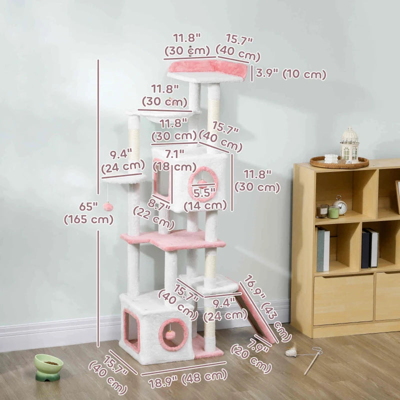 PawHut 65 Inch Cat Tree, White & Pink