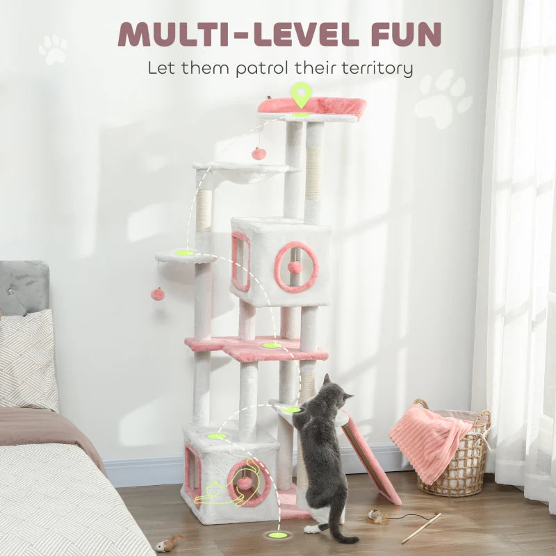 PawHut 65 Inch Cat Tree, White & Pink