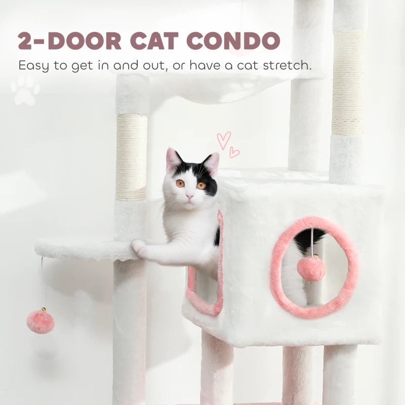 PawHut 65 Inch Cat Tree, White & Pink