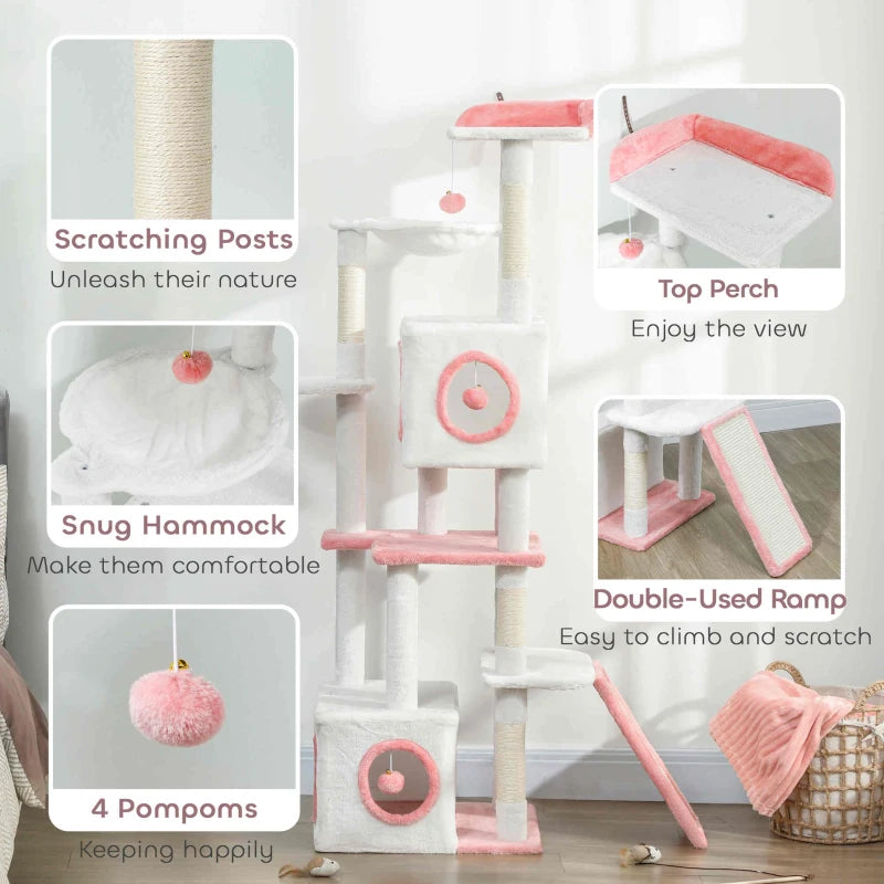 PawHut 65 Inch Cat Tree, White & Pink