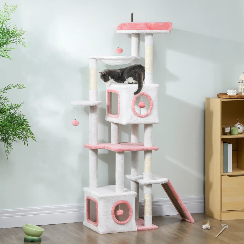PawHut 65 Inch Cat Tree, White & Pink
