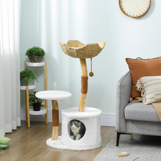 PawHut 40" Real Wood Cat Tree, White & Beige