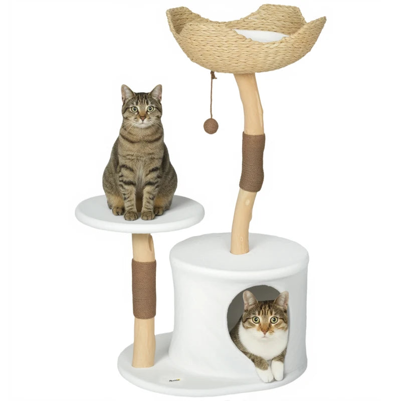 PawHut 40" Real Wood Cat Tree, White & Beige