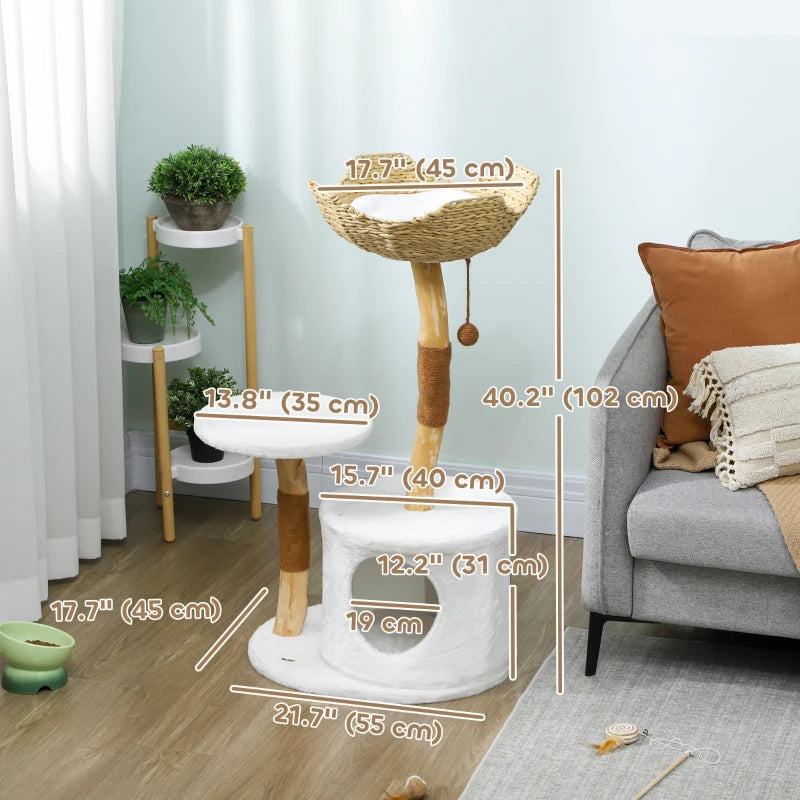PawHut 40" Real Wood Cat Tree, White & Beige