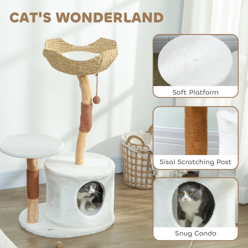 PawHut 40" Real Wood Cat Tree, White & Beige