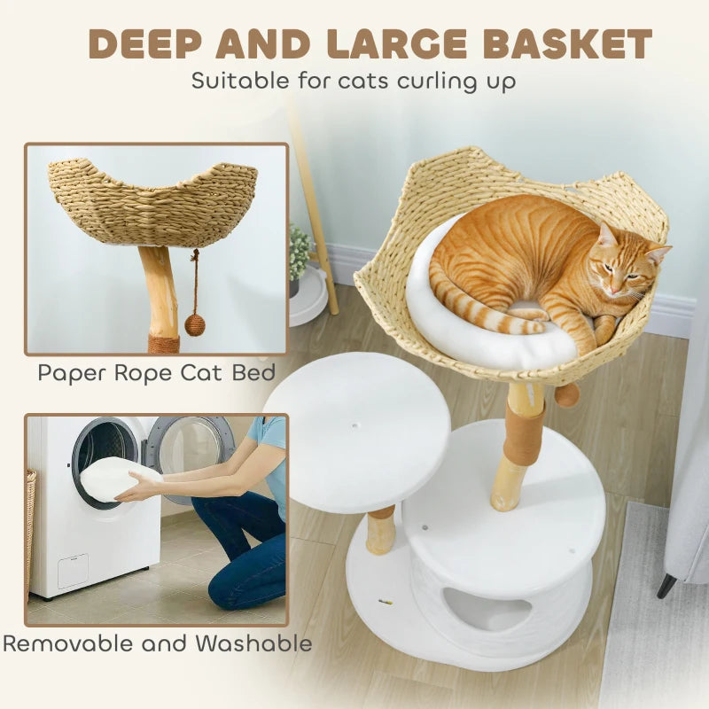 PawHut 40" Real Wood Cat Tree, White & Beige