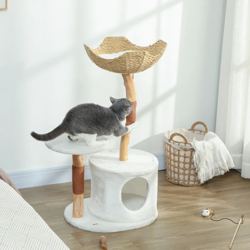 PawHut 40" Real Wood Cat Tree, White & Beige