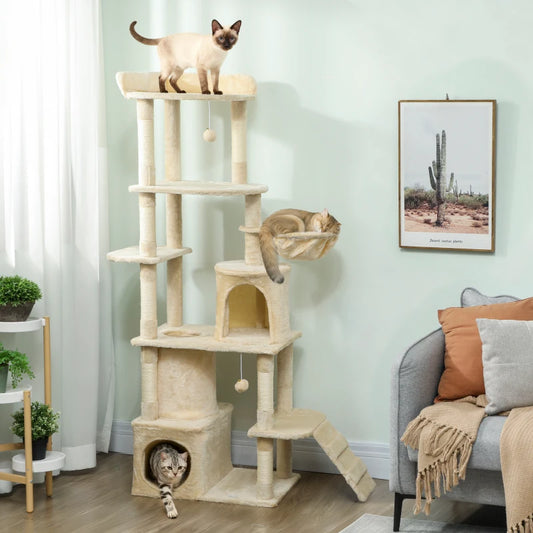 PawHut 67" Large Cat Tree with 7 Scratching Posts, Beige