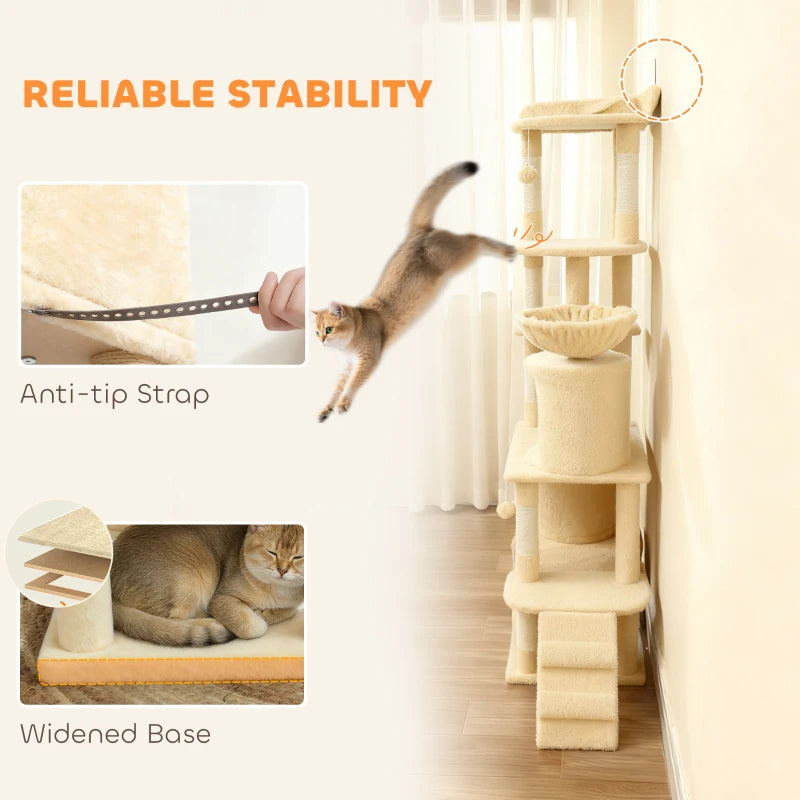 PawHut 67" Large Cat Tree with 7 Scratching Posts, Beige