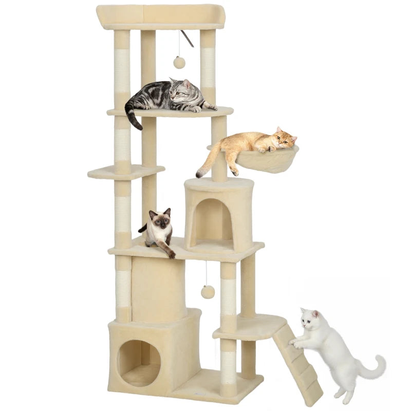 PawHut 67" Large Cat Tree with 7 Scratching Posts, Beige