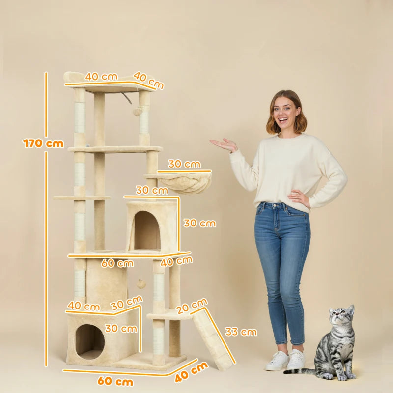 PawHut 67" Large Cat Tree with 7 Scratching Posts, Beige