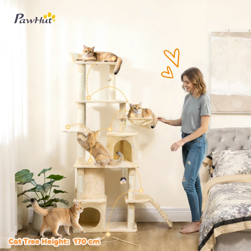 PawHut 67" Large Cat Tree with 7 Scratching Posts, Beige