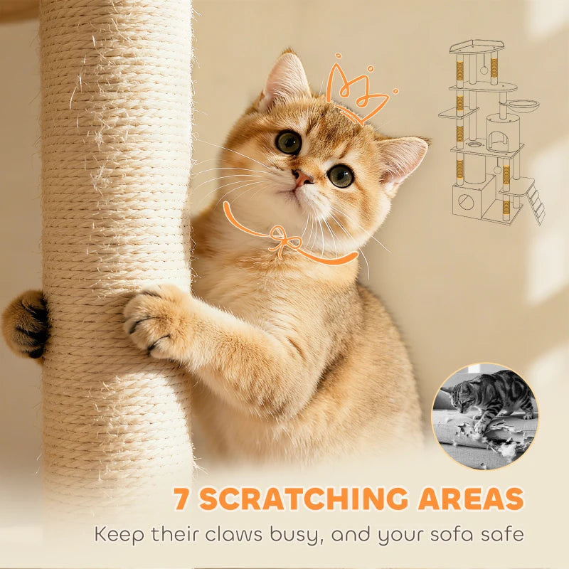 PawHut 67" Large Cat Tree with 7 Scratching Posts, Beige