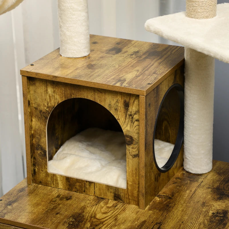 PawHut Litter Box Enclosure with Cat Tree Tower, Rustic Brown