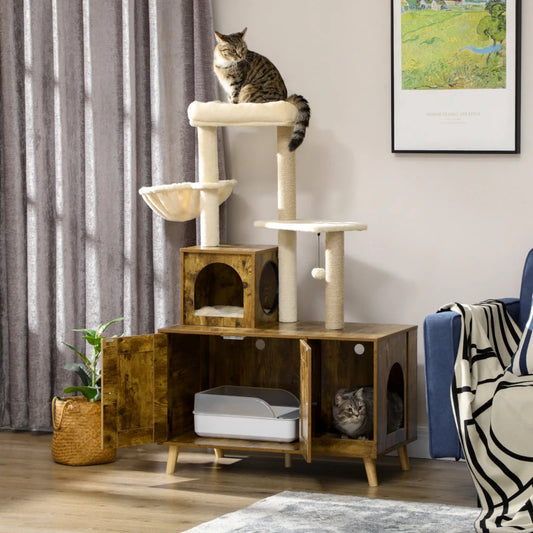 PawHut Litter Box Enclosure with Cat Tree Tower, Rustic Brown