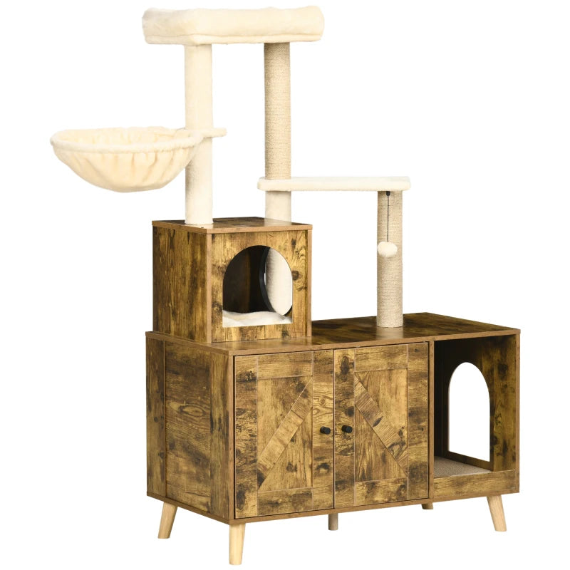 PawHut Litter Box Enclosure with Cat Tree Tower, Rustic Brown