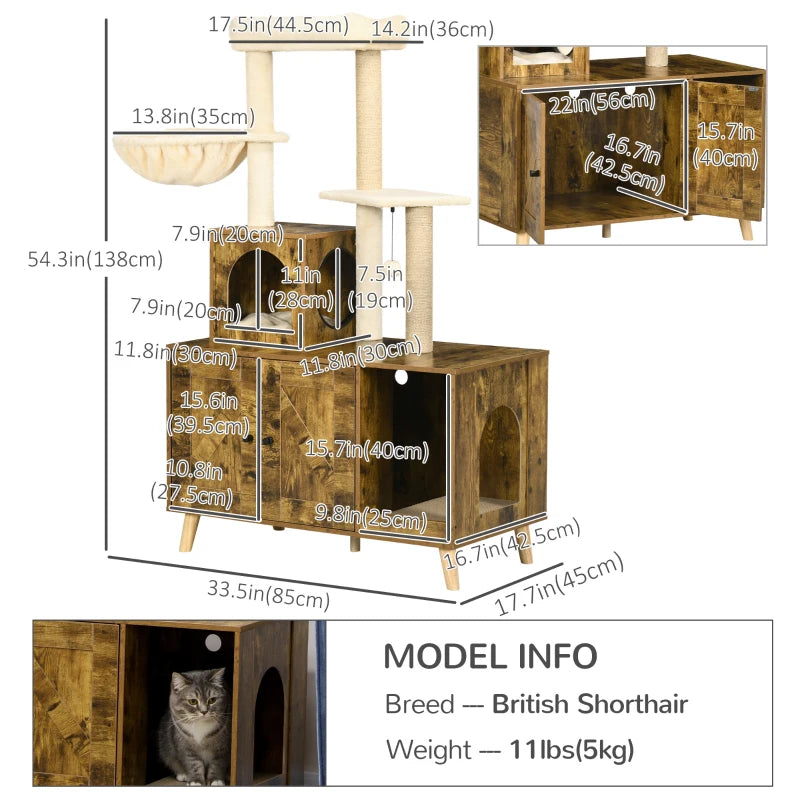 PawHut Litter Box Enclosure with Cat Tree Tower, Rustic Brown