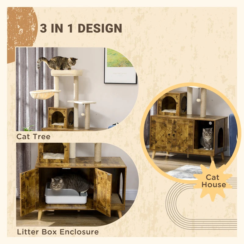 PawHut Litter Box Enclosure with Cat Tree Tower, Rustic Brown