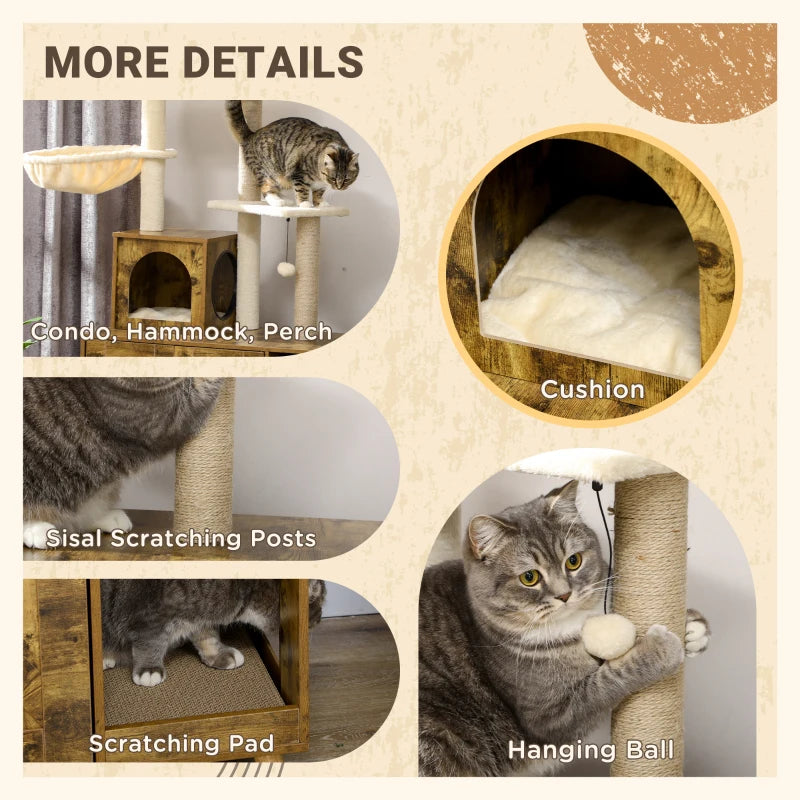 PawHut Litter Box Enclosure with Cat Tree Tower, Rustic Brown