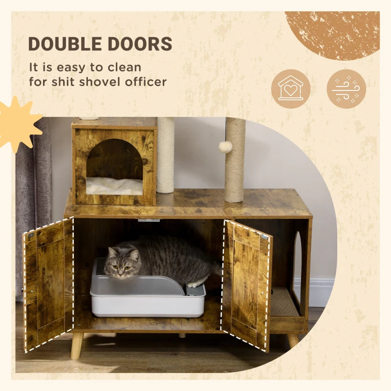 PawHut Litter Box Enclosure with Cat Tree Tower, Rustic Brown