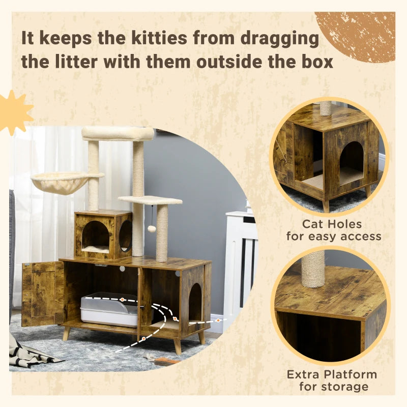 PawHut Litter Box Enclosure with Cat Tree Tower, Rustic Brown